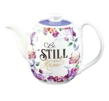 Christian Art Gifts Women's White Ceramic Teapot for One: Be Still and Know - Psalm 46:10 Inspirational Bible Verse, Novelty/Vintage Purple Rose Flower w/Golden Foil for Hot & Cold Liquids, 32 oz.