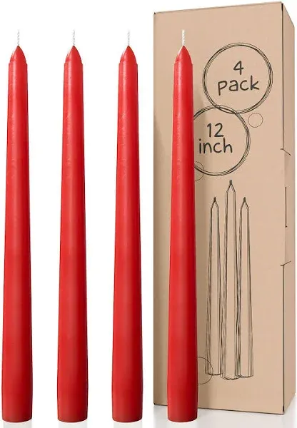 CANDWAX 12 inch Taper Candles Set of 4 - Dripless and Smokeless Candle Unscented - Slow Burning Candle Sticks Ideal for Any Event - Red Candle Taper