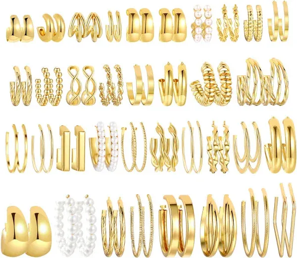 36 Pairs Gold Hoop Earrings Set for Women, Chunky Gold Earrings Multipack, Trendy Silver Hoop Earring Pack Jewelry