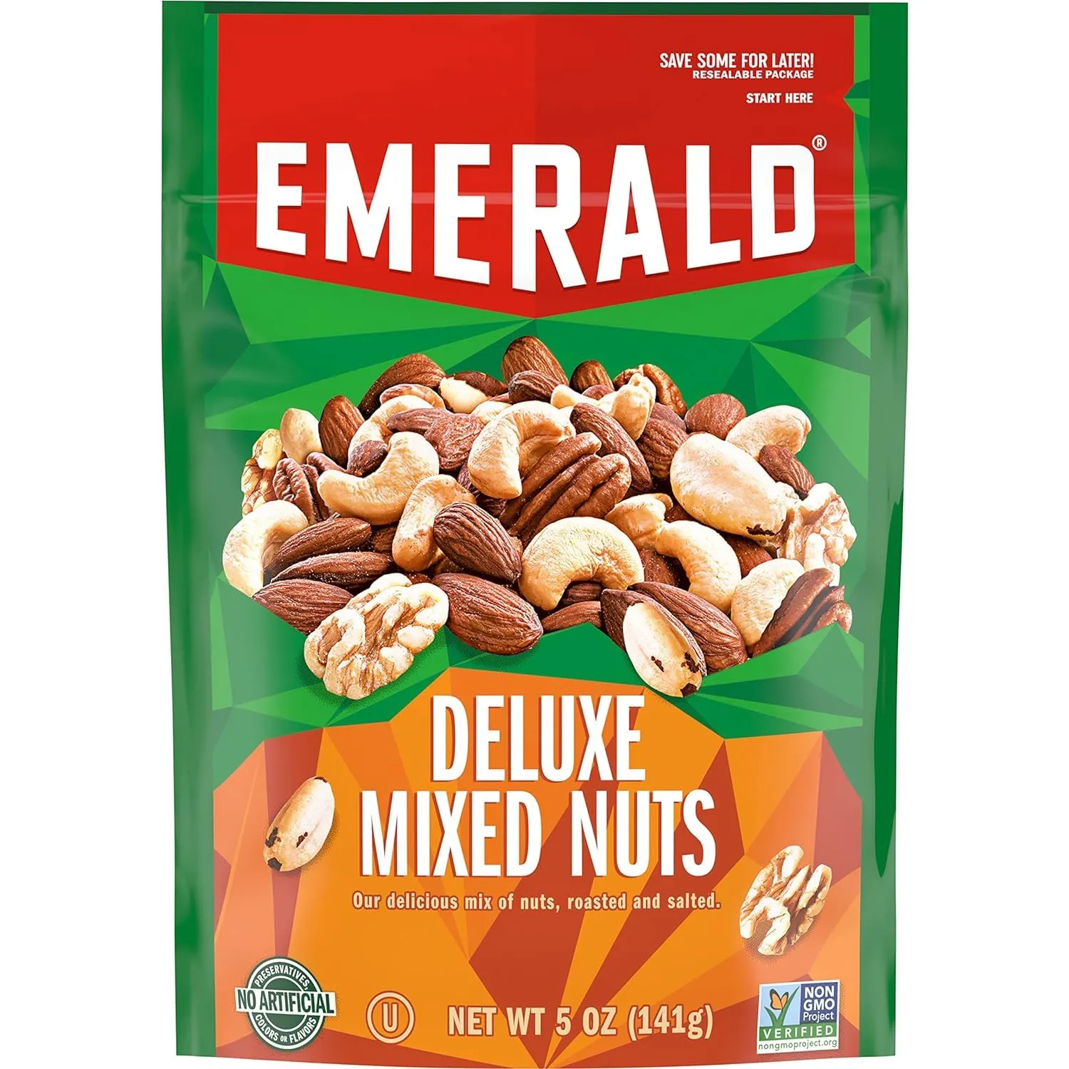 Emerald Nuts Deluxe Mixed Nuts (1-Pack), Features Roasted and Salted Nuts, Including Almonds, Cashews, Walnuts, Brazil Nuts and Pecans, 5oz Resealable Bag