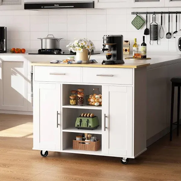 Shintenchi Kitchen Island with Storage, Kitchen Island Cart on Wheels with 3 Open Shelves, 2 Drawers and 2 Cabinets