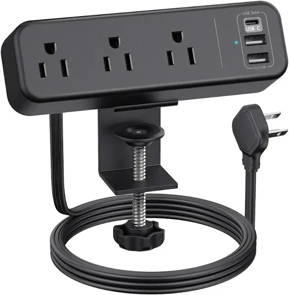 Desk Clamp Power Strip with USB C, 3 Outlet Desktop Mount Power Station Removable Clamp Socket with 6.5 ft Extension Cord, Fit 1.7 inch Tabletop Edge