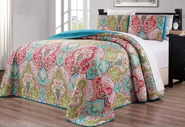 3-Piece Oversize (115 X 95) Fine Printed Prewashed Boho Decor Quilt Set Rever...