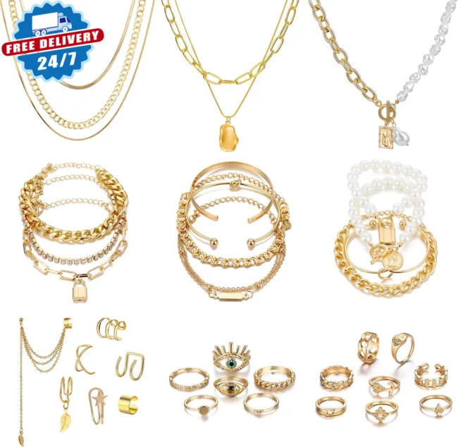 36 PCS Gold Plated Jewelry Set with 4 PCS Necklace, 11 PCS Bracelet, 7 PCS Ear C