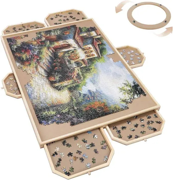 Rotating Jigsaw Puzzle Board with 6 Drawers and Cover 35 x 26 Wooden