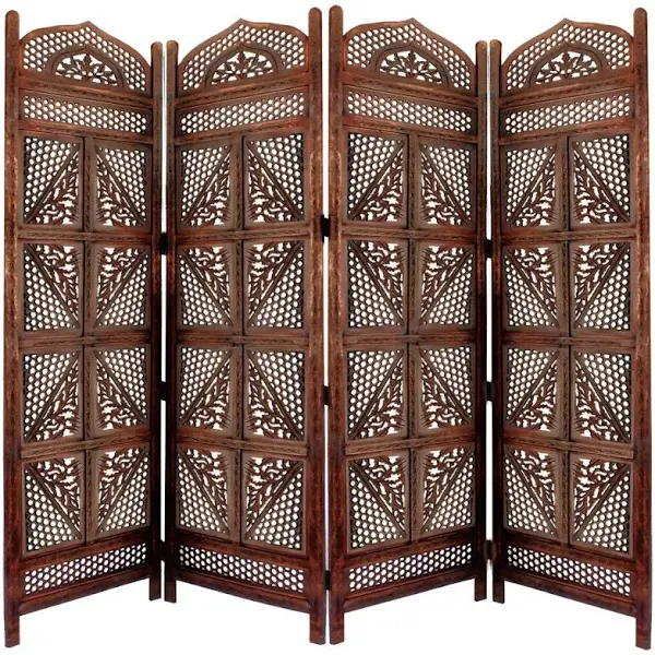 Benjara Traditional Four Panel Wooden Room Divider with Hand Carved Details