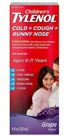 Children&#039;s Tylenol  Cold + Cough + Runny Nose 4 oz Ages 6-11 Yrs Grape Exp 10/24