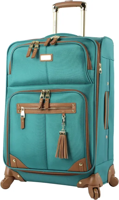 Steve Madden Designer Luggage Collection - Lightweight 24 Inch Expandable Softside Suitcase - Mid-size Rolling 4-Spinner Wheels Checked Bag (Harlo Teal Blue)