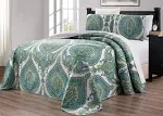 Grand Linen - 3-Piece Oversize (115 x 95) Fine Printed Prewashed Quilt Set Reversible Bedspread Coverlet King Size Bed Cover (Turquoise Blue Grey WH