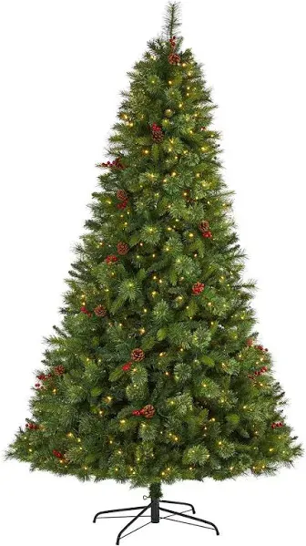 Nearly Natural Aberdeen Spruce Artificial Christmas Tree with 500 Clear LED Lights, Pine Cones and Red Berries