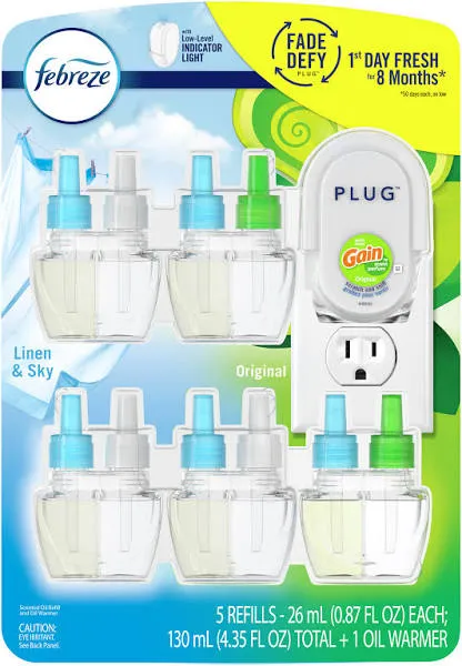 Febreze Plug Air Freshener, Linen &amp; Sky + Gain Original (1 Warmer + 5 Refills)