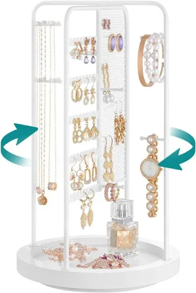 SONGMICS Jewelry Stand, Rotating Jewelry Display, 4 Independent Sections, Metal Frame, with Bottom Tray, Jewelry Organizer for Necklaces, Bracelets, Earrings, Rings, Gift Idea, Gold UJJS023A01