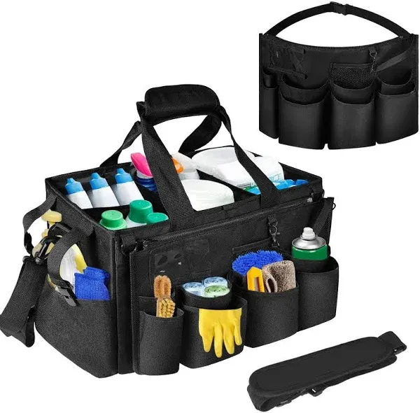 Cleaning Caddy Bag,Large Cleaning Supplies Organizer with Handle for Housekeepers, Black