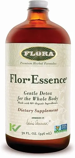 Flora Flor Essence Liquid Tea Blend 32oz LARGE - Gentle Detox Cleanse with Burdock Root, Slippery Elm, Kelp, Thistle - Premium Organic Ingredients