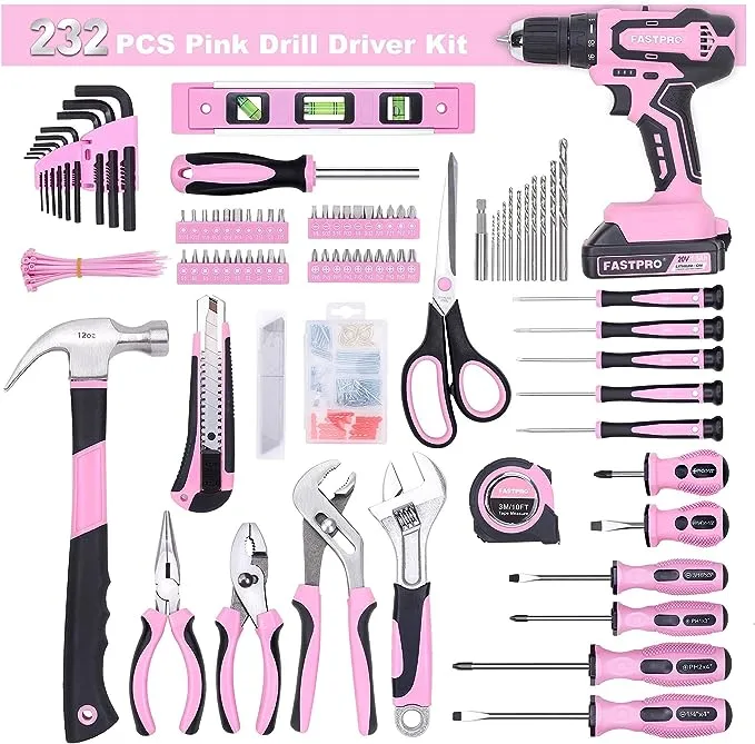 FASTPRO 232-Piece 20V Pink Cordless Lithium-ion Drill Driver and Home Tool Set, Lady's Repairing Kit with 12-Inch Wide Mouth Open Storage Bag