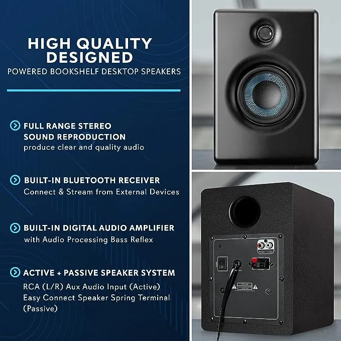 Pyle HiFi Active Bookshelf Speaker with Bluetooth - Audio Stereo, PBKSP33BK