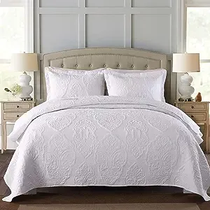 Brandream White Quilt Set Queen Size Cotton Elegant Paisley Matelasse Coverlet Set Farmhouse Quilt Bedding Set 3-Piece