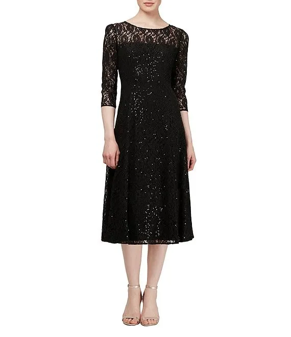 S.L. Fashions Women's Tea Length Three Quarter Sleeve Sequin Lace Dress