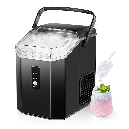 EUHOMY Nugget Ice Maker Countertop with Handle, Ready in 6 Mins, 33lbs/24H, Removable Top Cover, Auto-Cleaning, Portable Pebble Ice Maker with Basket and Scoop, for Home/Party/Camping. (Black)