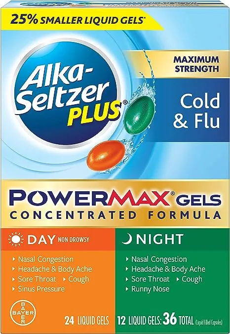 Alka-Seltzer Plus Power Max Cold & Flu Day+Night Medicine: Cough Suppressant, Cold and Flu Medicine For Adults and Children 12 Years and Older, 36 Count, Packaging May Vary