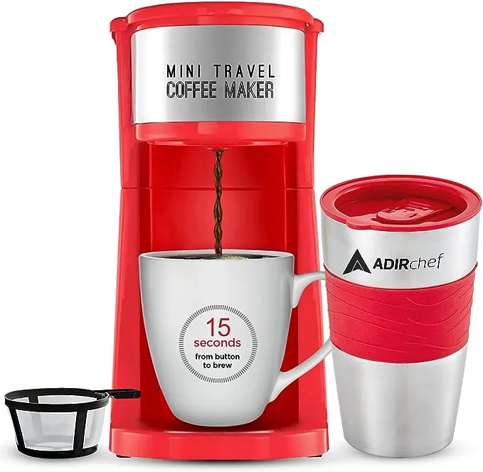 AdirChef Grab and Go Personal Coffee Maker with 15 oz. Travel Mug, Red