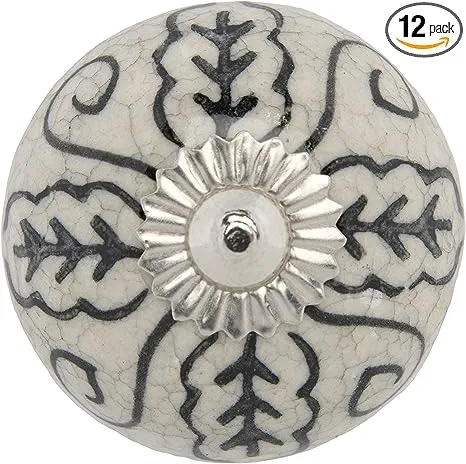 Mela Artisans 12-Pack Ceramic Kitchen Cabinet Knobs - Grey & White Leaf | Decorative Pull Handles for Dresser Drawers | Reversible Metal Backplate | 1.77” Diameter