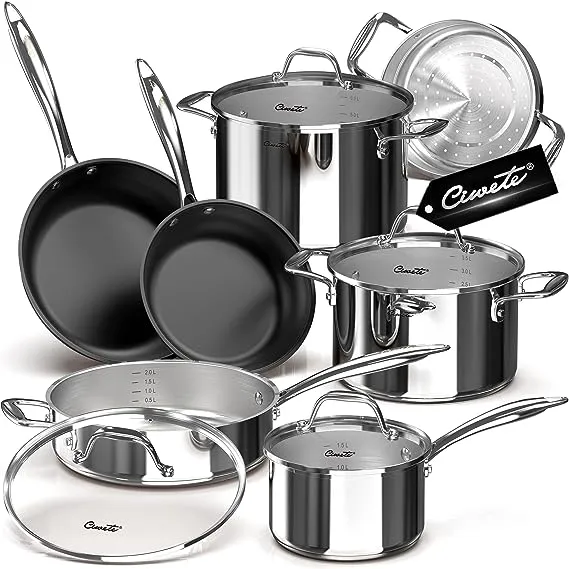 Tri-Ply Stainless Steel Pots and Pans Set 11-PC, 18/10 Stainless Steel Induction Cookware Set with Steamer Insert, Kitchen Cookware Sets with Stay Cool Ergonomic Handles, Dishwasher, Oven Safe