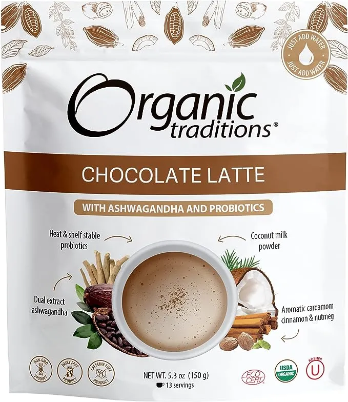 Organic Traditions | Superfood Chocolate Latte with Ashwagandha & Probiotics |Superfood Caffeine Free Dairy Free Drink Mix for Hot and Iced Chocolate | 150g/5.3oz Bag