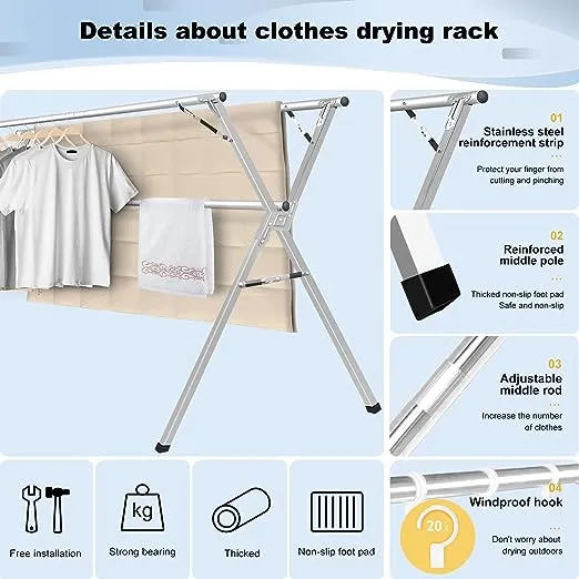 Sarahipe Sillars Clothes Drying Rack, 63 Inches Laundry Drying Rack Clothing Foldable & Collapsible Stainless Steel Heavy Duty Clothing Drying Rack with Windpr