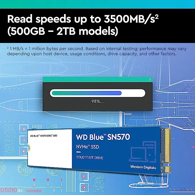 Western Digital 1TB WD Blue SN570 NVMe Internal Solid State Drive SSD - Gen3 x4 PCIe 8Gb/s, M.2 2280, Up to 3,500 MB/s - WDS100T3B0C