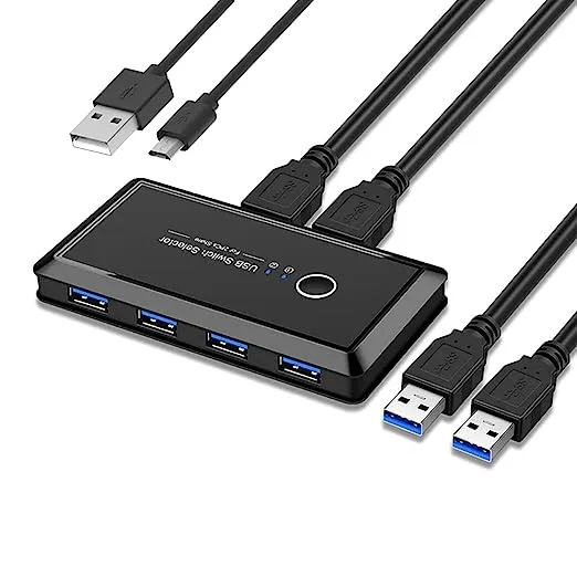 USB 3.0 Switch, USB Switcher 2 Computer Share 4 USB Devices, Peripheral USB KVM Switch for PC Printer Scanner Mouse Keyboard, with 1 PCS USB C to USB Adapter