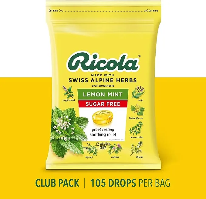 Ricola Sugar Free Lemon Mint Herbal Cough Suppressant Throat Drops, 105ct Bag