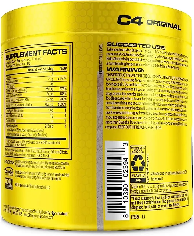 C4 Original Pre Workout Powder Fruit Punch - Vitamin C for Immune Support - Sugar Free Preworkout Energy for Men & Women - 150mg Caffeine + Beta Alanine + Creatine - 60 Servings