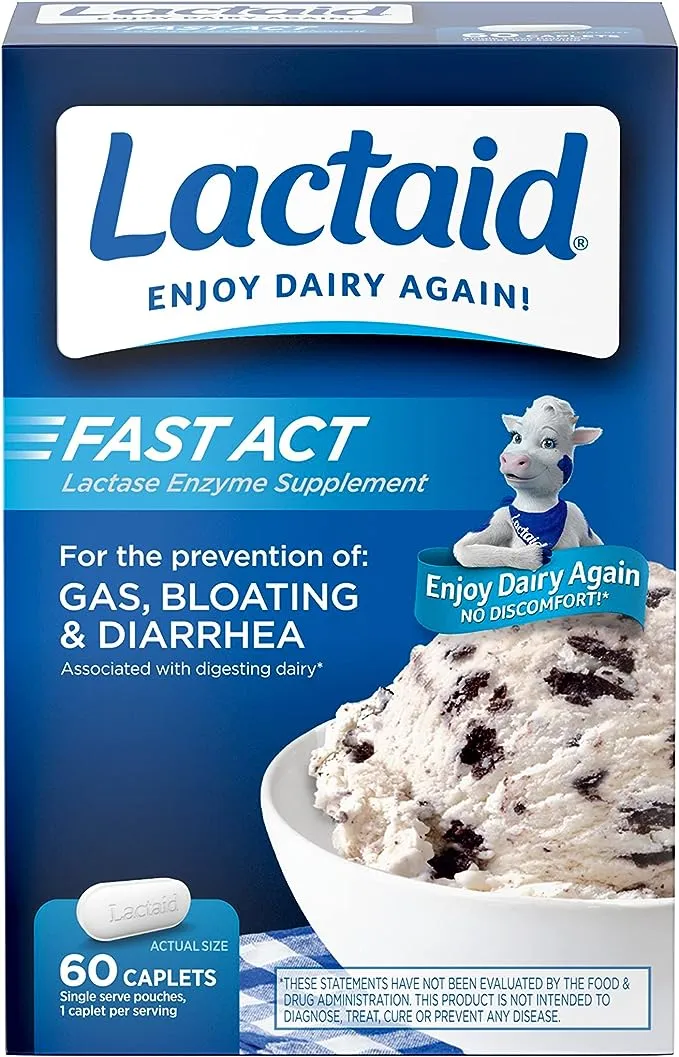 Lactaid Fast Act Lactose Intolerance Relief Caplets, Lactase Enzyme to Prevent Gas, Bloating & Diarrhea Due to Lactose Sensitivity, Supplements for Travel & On-The-Go, 60 Packs of 1-ct.