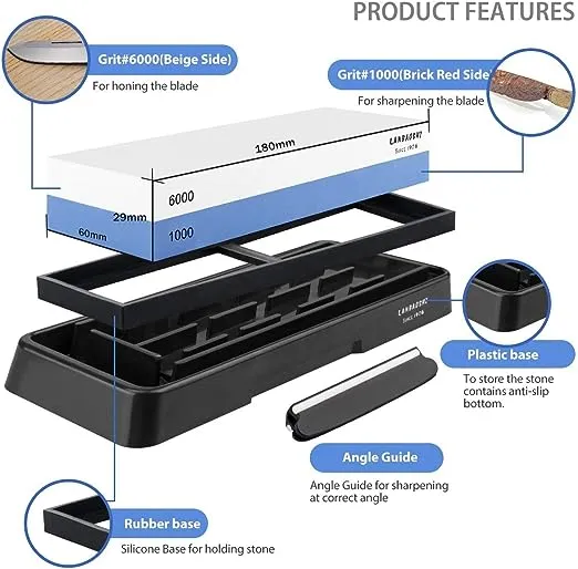 Knife Sharpening Stone Set,Whetstone Dual Sided 1000/6000 Grit Waterstone with Angle Guide Non Slip Rubber Base Holder, Knife Sharpeners Tool Kit for Kitchen Hunting (Blue + black)