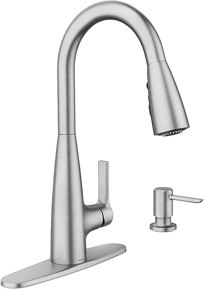 Moen Haelyn Spot Resist Stainless Single-Handle Pull-Down Sprayer Kitchen Faucet with an LED Light ColorCue Temperature Indicator and Soap Dispenser, 87627EISRS