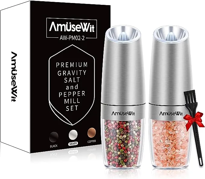 Gravity Electric Salt and Pepper Grinder Set [White Light] - Battery Operated Automatic Salt and Pepper Mills,Adjustable Coarseness,One-Handed Operation,Utility Brush,Stainless Steel by AmuseWit