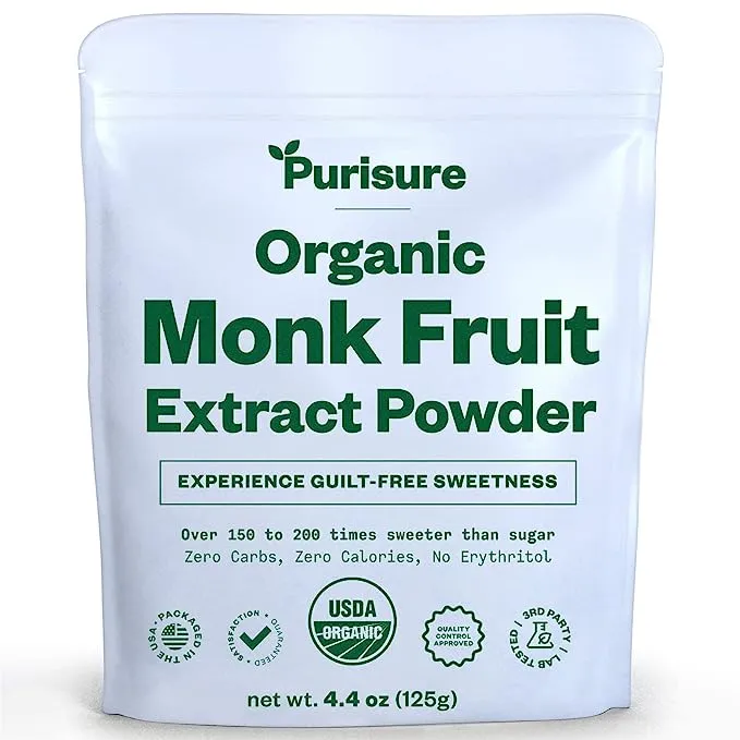 Purisure Organic Monk Fruit Sweetener 125g Zero Carb Sugar Substitute for Keto Diet