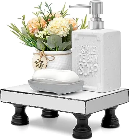 EOSAHR Decorative Wooden Riser for Display : Farmhouse Pedestal Stand for Retro Home Decor and Soap holder for Sink - The Rustic Tray Decor Riser for Kitchen & Bathroom (Black and White)