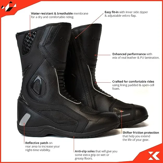 Kronox Motorcycle Riding Boots for Men Touring Water Resistant Black PU Leather, 11