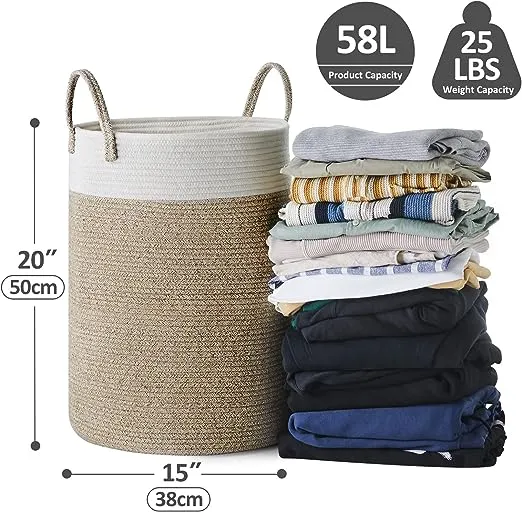 Cotton Rope Laundry Hamper by YOUDENOVA, 58L - Woven Collapsible Laundry Basket - Clothes Storage Basket for Blankets, Laundry Room Organizing, Bedroo