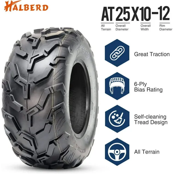 All Terrain Halberd 6PR ATV/UTV Tires, 25x10-12 Front Rear Spare Tire, 15mm Tread Depth 25x10x12 Trail Sand Off-Road Tires - Pack of 1