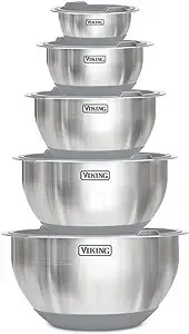 VIKING Culinary Stainless Steel Mixing Bowl Set, 10 piece, Non-slip Silicone Base, Includes Airtight Lids, Dishwasher Safe, Grey