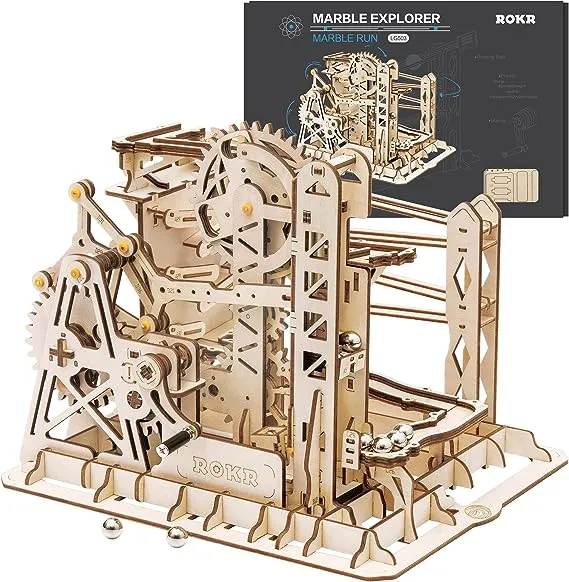 ROKR 3D Assembly Wooden Puzzle Brain Teaser Game Mechanical Gears Set Model Kit Marble Run Set Unique Craft Kits Christmas/Birthday/Valentine's Gift for Adults & Kids Age 14+(LG503-Lift Coaster)ROKR 3D Assembly Wooden Puzzle Brain Teaser Game M…