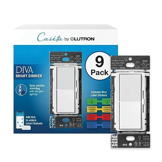 Lutron Diva Smart Dimmer Switch for Caseta Smart Lighting | Includes Wire Label Stickers | DVRF-6LS-WH-9 | White (9-Pack)