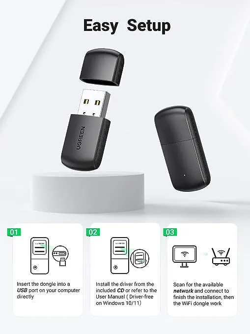 UGREEN AC650 USB WiFi Adapter for Desktop PC 5G 2.4G Dual Band WiFi Dongle Mini Wireless USB Computer Network Adapter Compatible with Windows 11 10 8.1 8 7