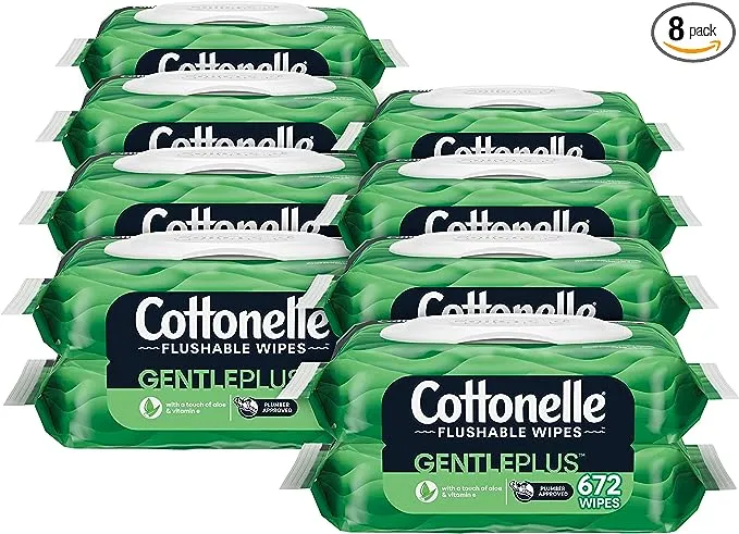 Cottonelle GentlePlus Flushable Wet Wipes with Aloe & Vitamin E, Adult Wet Wipes, 16 Flip-Top Packs (8 Bundles of 2 Packs), 672 Total Wipes (42 Wipes Per Pack), Packaging May Vary