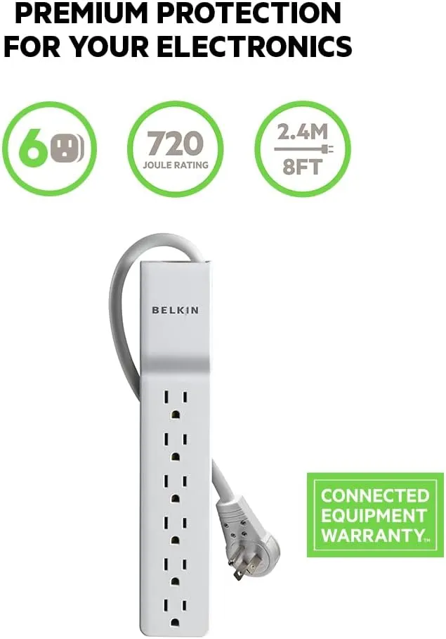 Belkin Power Strip Surge Protector - 6 AC Multiple Outlets - Flat Rotating Plug, 8 ft Long Heavy Duty Extension Cord for Home, Office, Travel, Computer Desktop & Charging Brick - White (720 Joules)