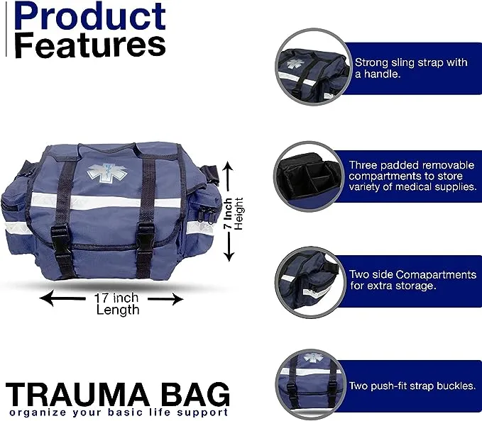 Primacare KB-RO74-B First Responder Bag for Trauma, 17"x9"x7" Professional Multiple Compartment Kit Carrier for Emergency Medical Supplies, Blue