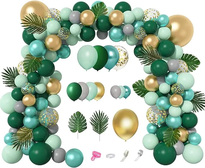 Amandir 151Pcs Jungle Safari Balloon Garland Kit, Metallic Green Gold Tropical Balloons Arch Artificial Palm Leaves for Animal Dinosaur Two Wild One Birthday Baby Shower Decoration Boys Party Supplies